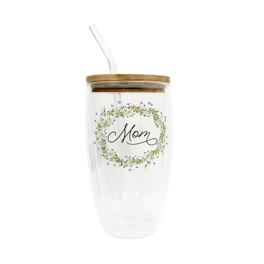 16oz Double Insulated Glass Tumbler Mom Wreath