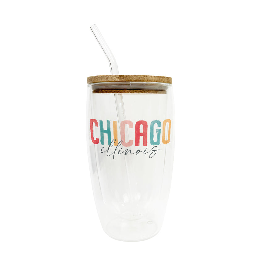 16oz Insulated Glass Tumbler Watercolor City Chicago IL