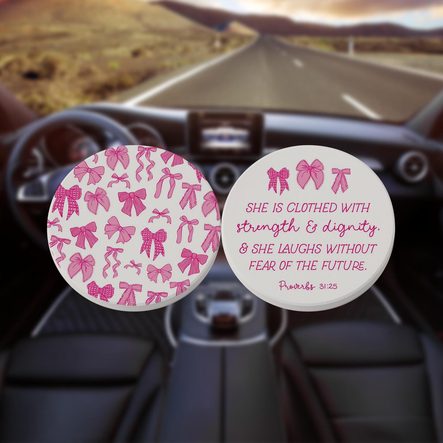 Car Coaster 2-Pack Kalia Lane-Pink Bows She Is Clothed & Pattern
