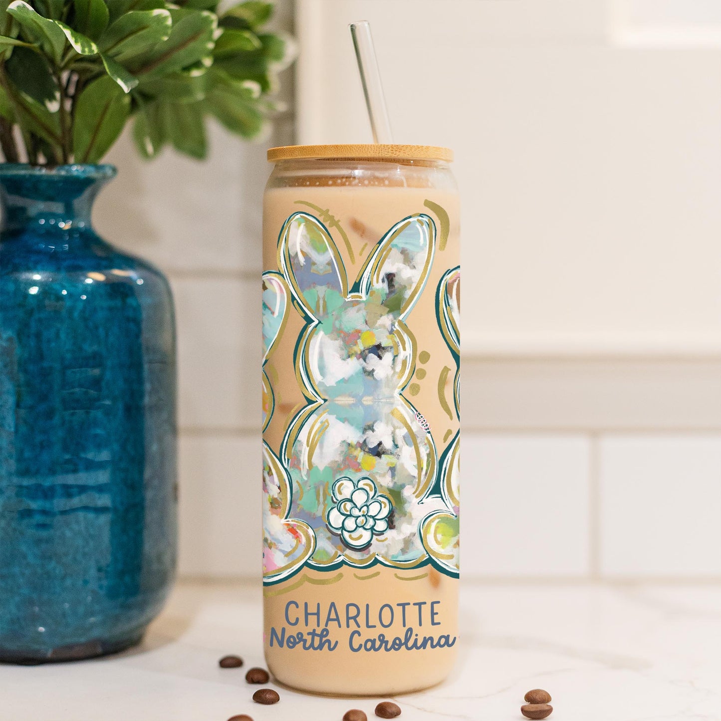 24oz Cold Brew Glass-Love+Local Watercolor Easter Bunny Trio -4