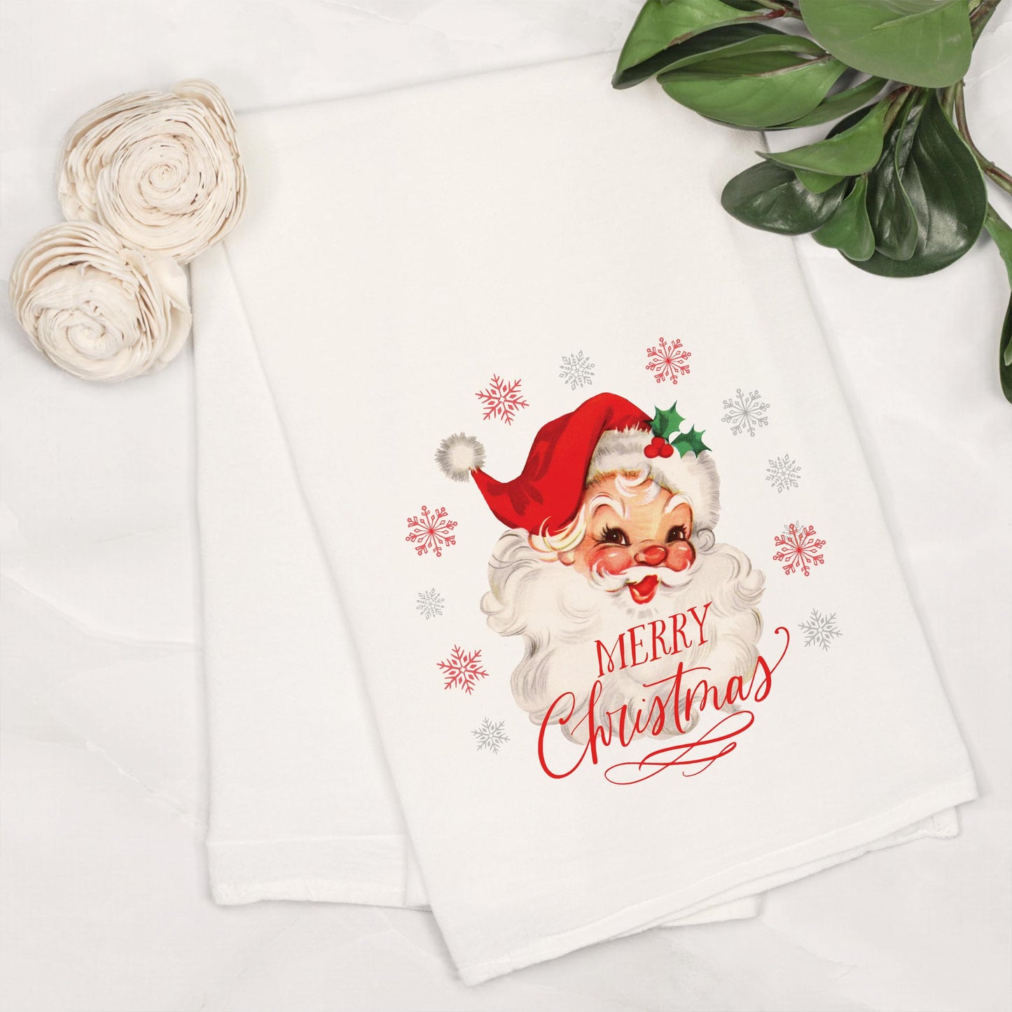 Cotton Tea Towel White-Classic Santa