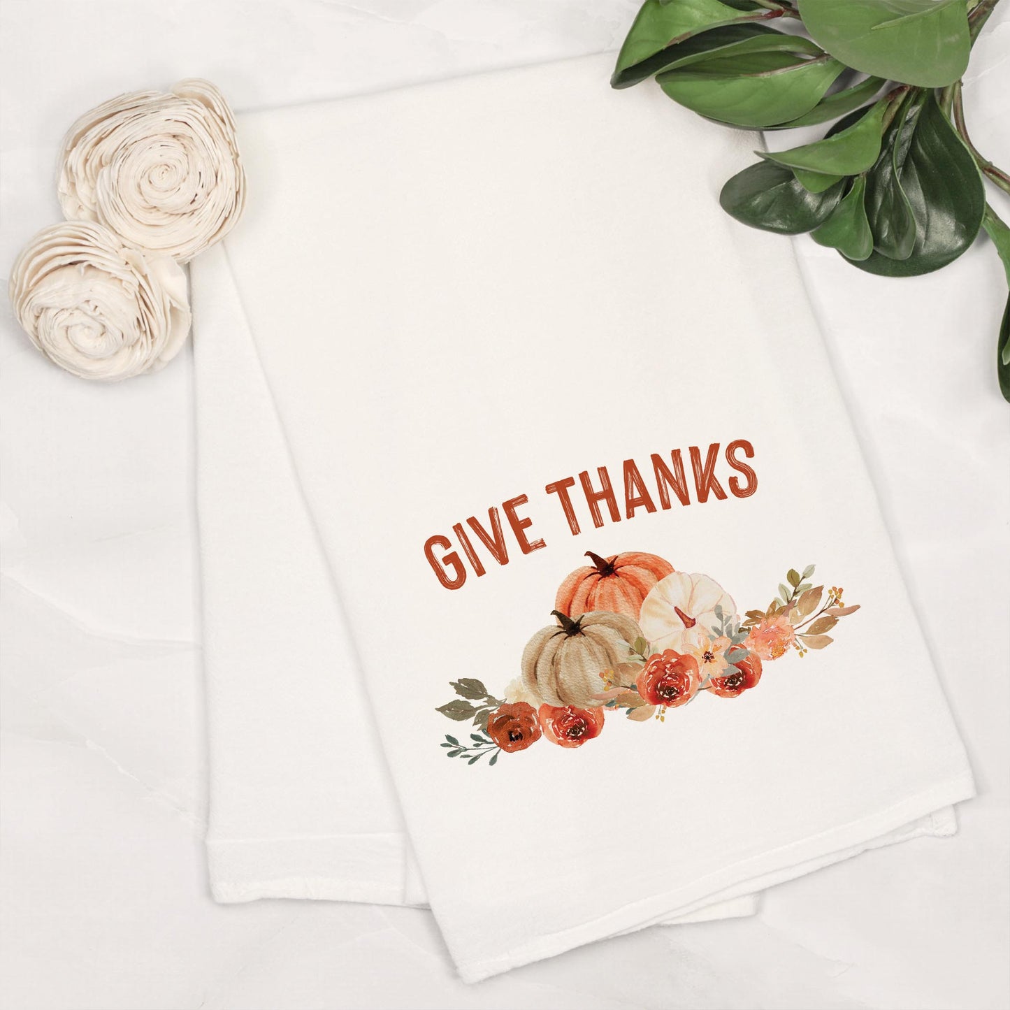 Cotton Tea Towel White-Give Thanks Floral Pumpkin
