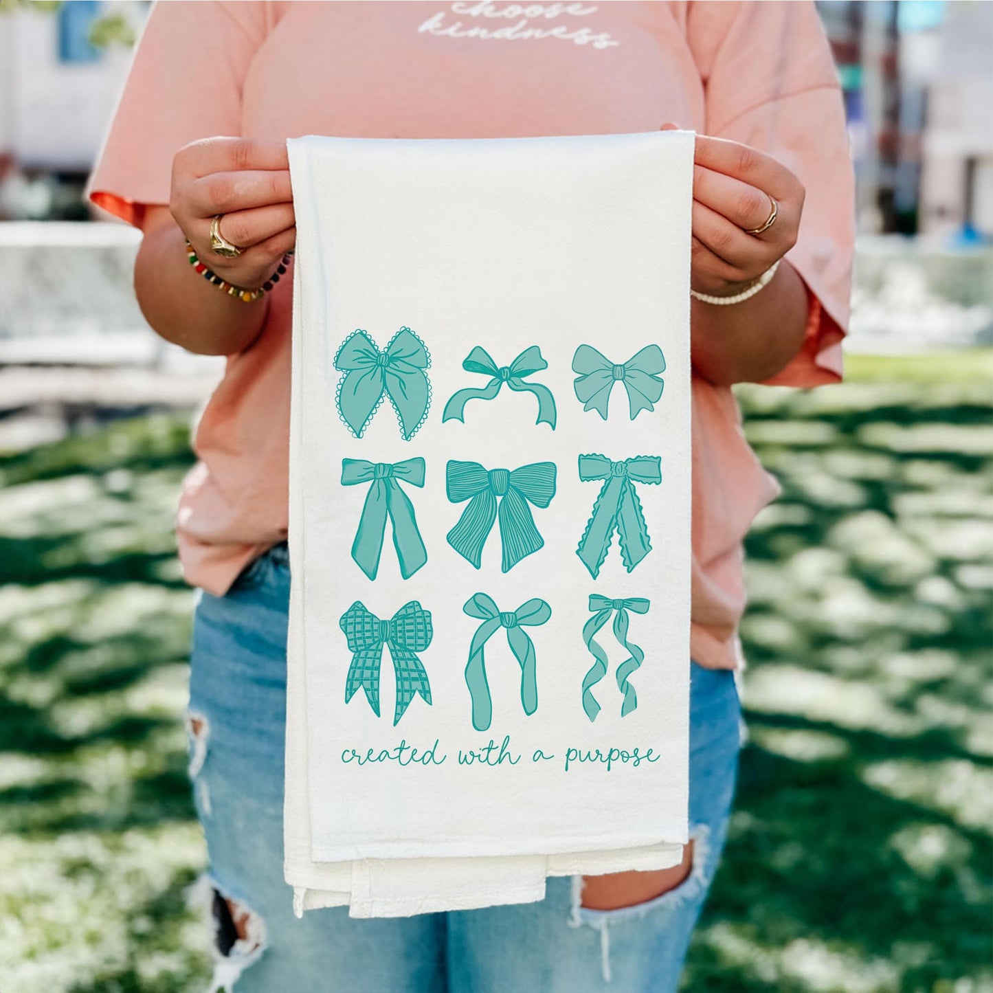 Cotton Tea Towel White-Blue Bows Created With A Purpose