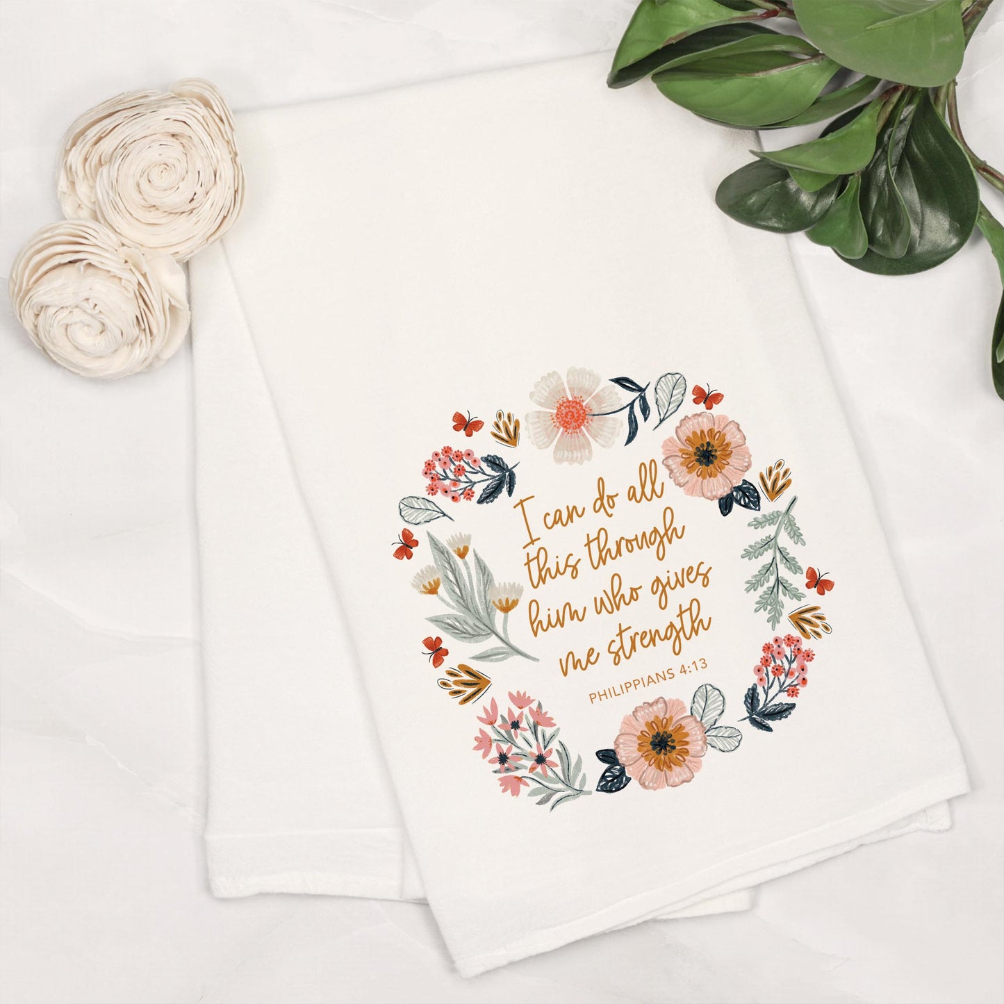 Cotton Tea Towel White-Pretty Things Floral Faith Gives Me Strength -6