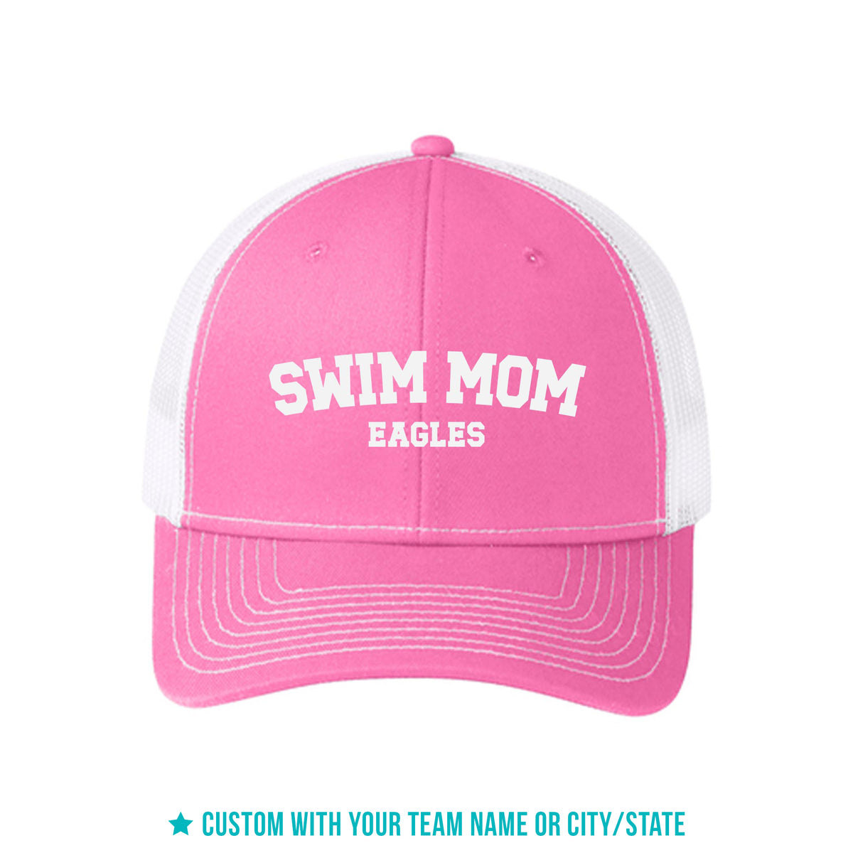 Pink & White Trucker Hat-Swim Mom | School Team | City & State
