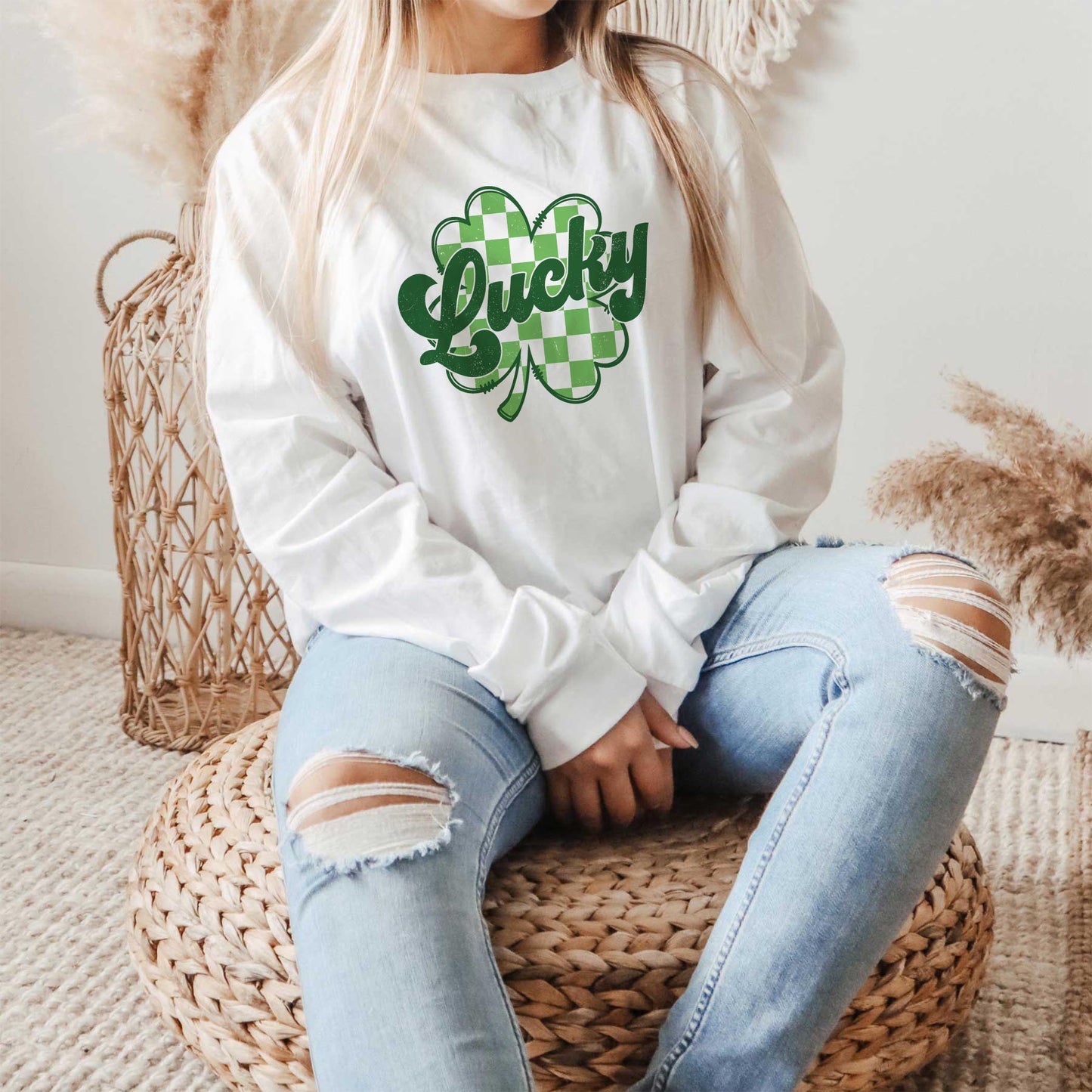 Long Sleeve T-Shirt White-St. Patrick's Day Lucky Checker Shamrock -1