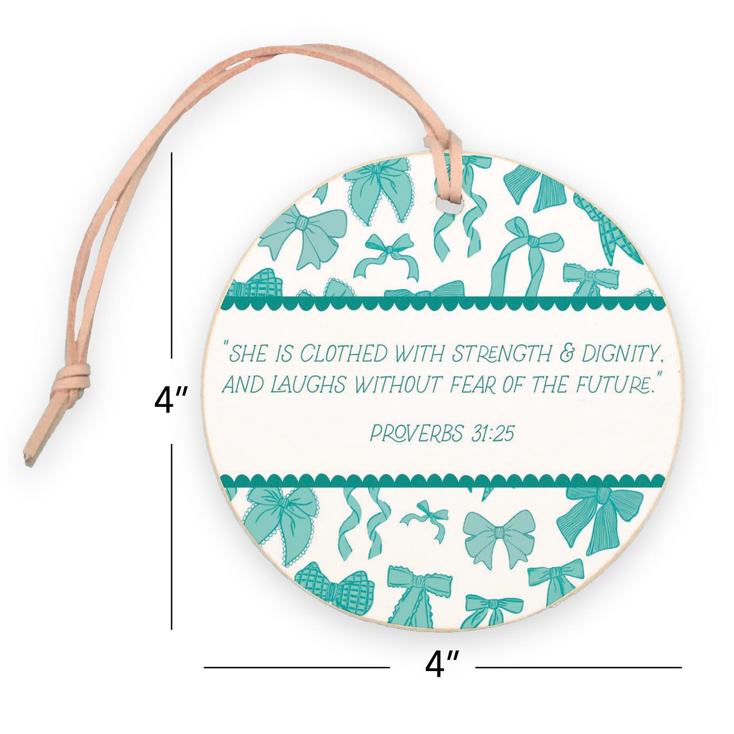 4" Round Ornament-Blue Bows She Is Clothed
