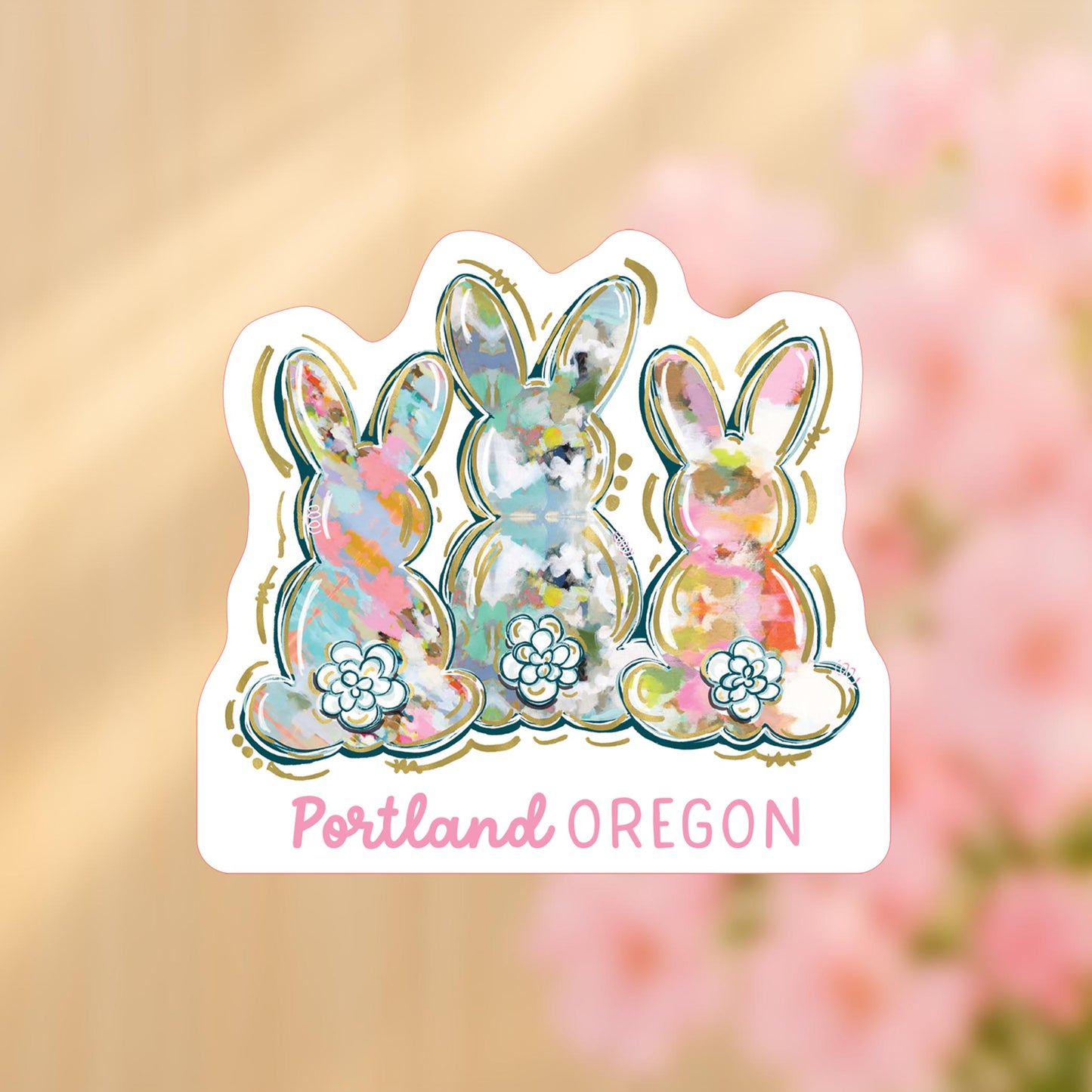 Vinyl Sticker-Love+Local Watercolor Easter Bunny Trio -4