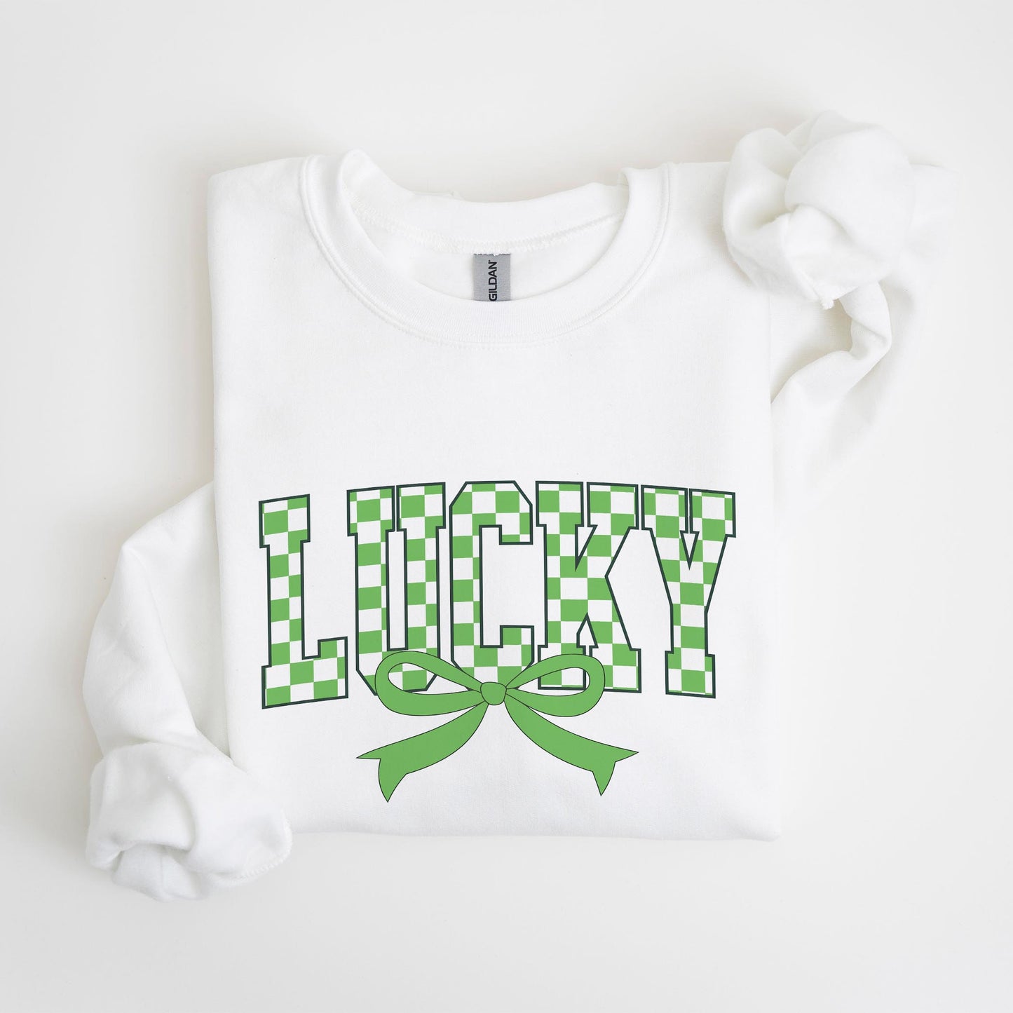 Gildan Sweatshirt White-St. Patrick's Day Lucky Checker Bow -4