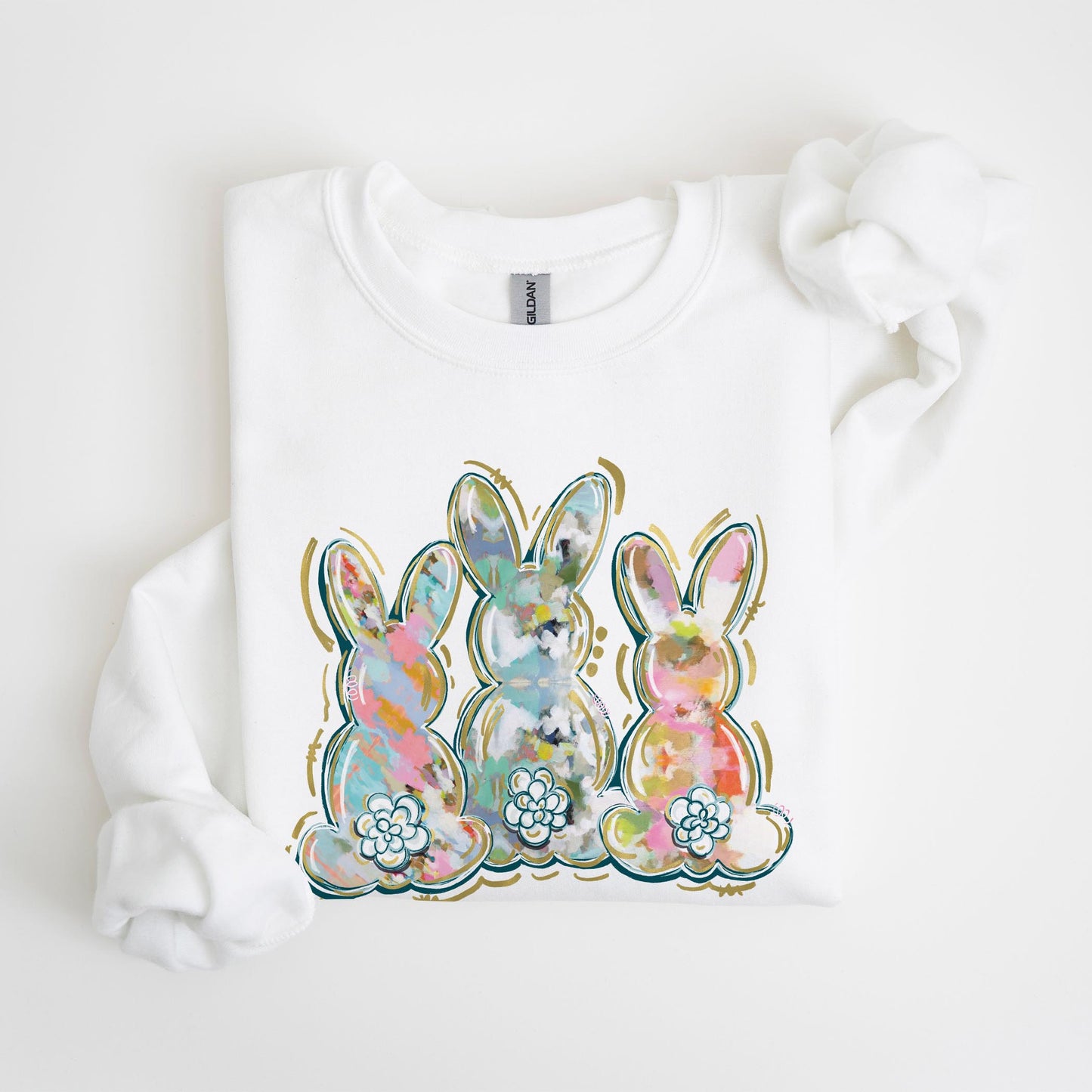 Gildan Sweatshirt White-Love+Local Watercolor Easter Bunny Trio -4