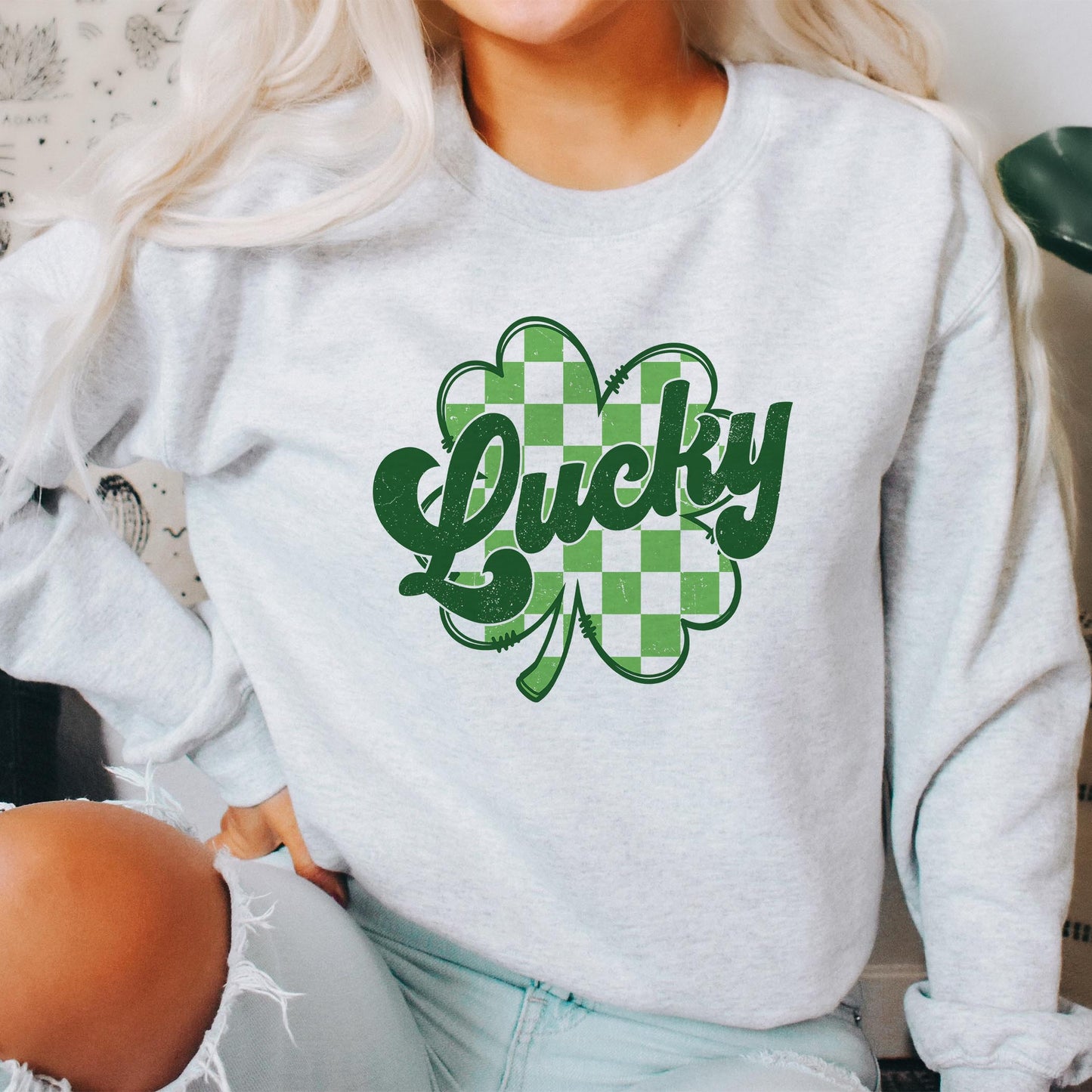 Gildan Sweatshirt Heather Grey-St. Patrick's Day Lucky Checker Shamrock -1