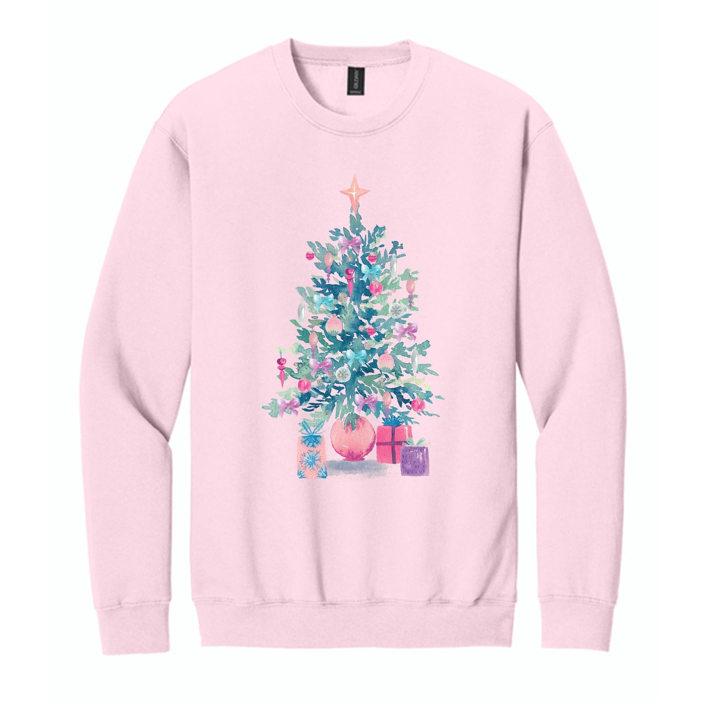 Gildan Sweatshirt Light Pink-Watercolor Sugar Plum Christmas Tree -0