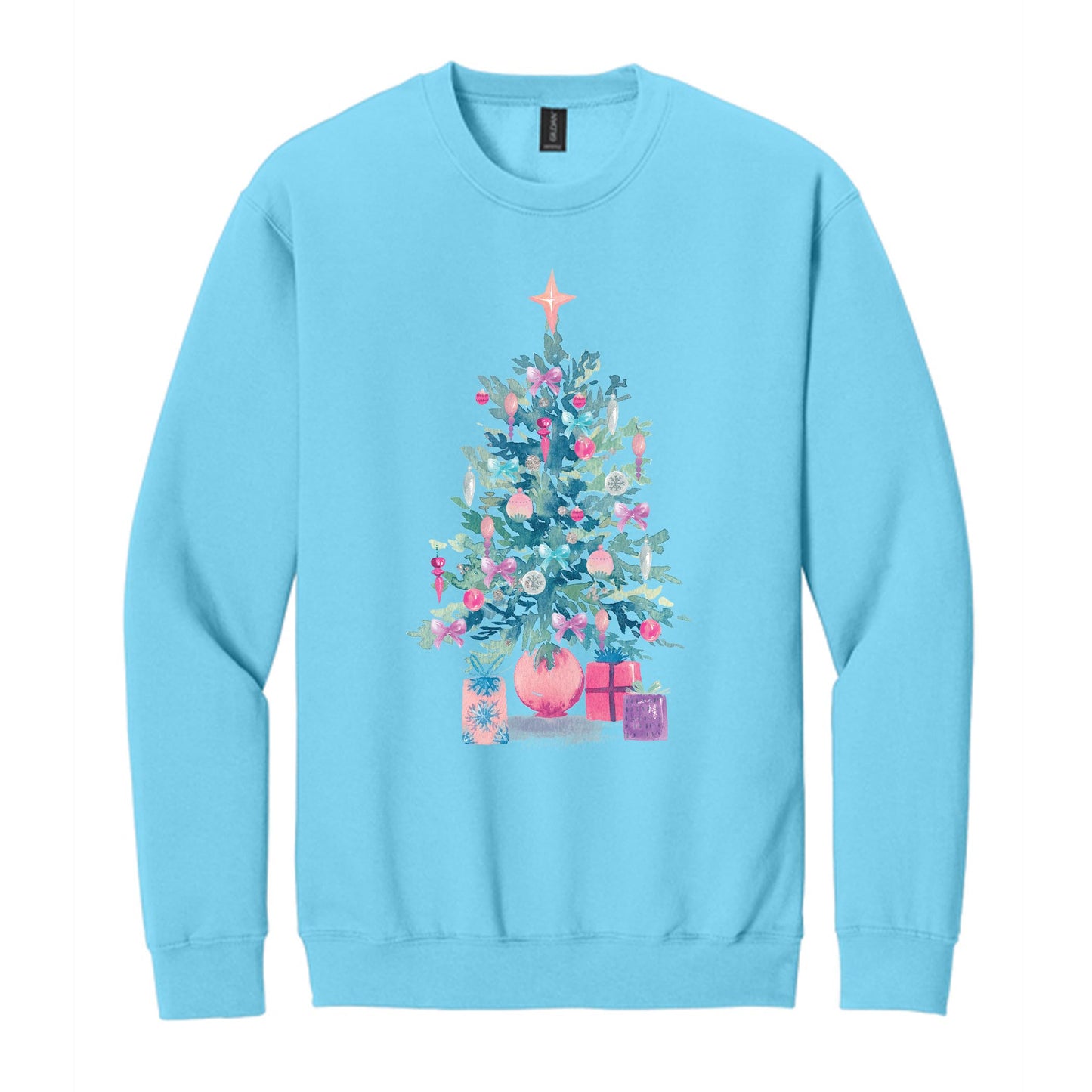 Gildan Sweatshirt Sky Blue-Watercolor Sugar Plum Christmas Tree -0