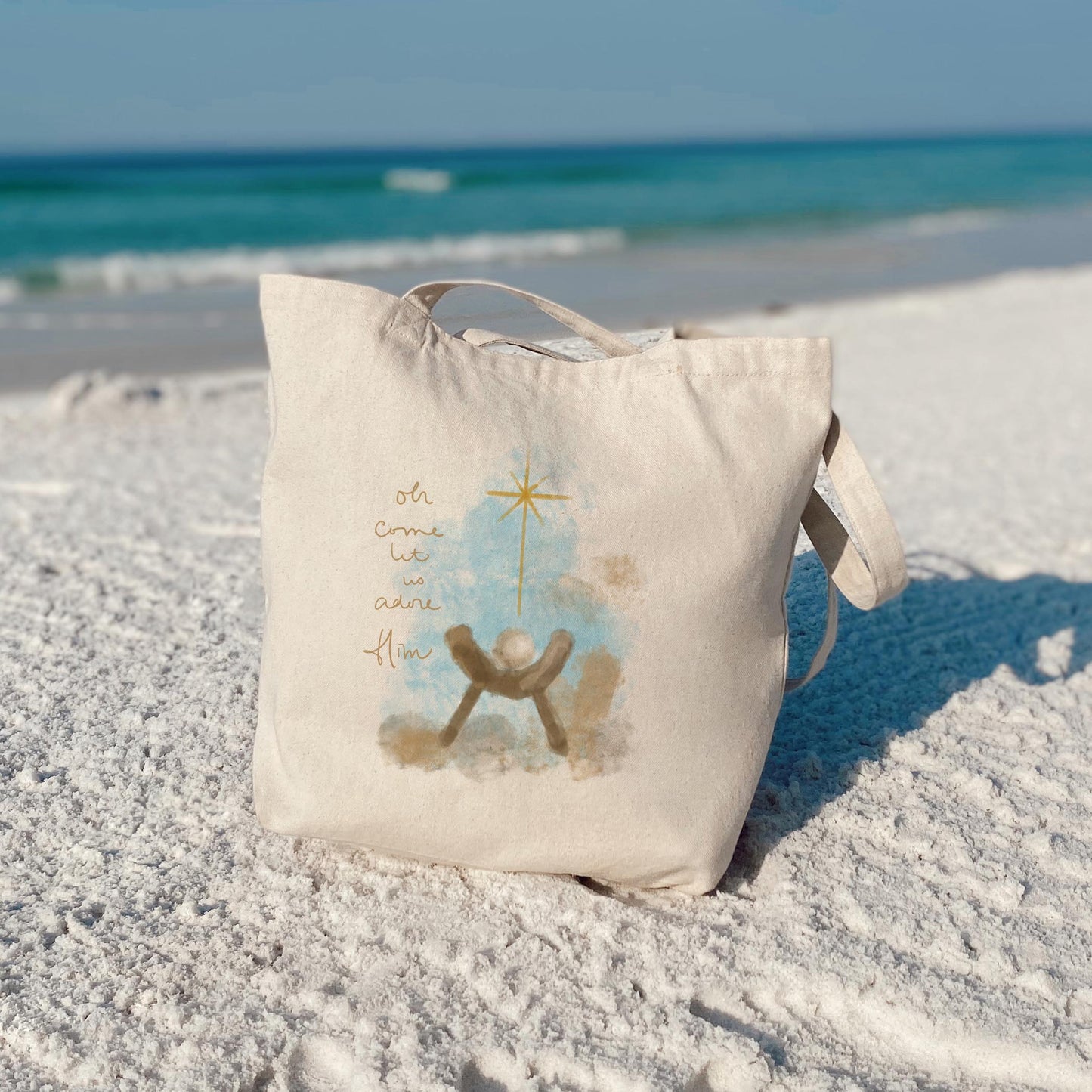 Tote Bag Natural Canvas-Let Us Adore Him Watercolor Manger