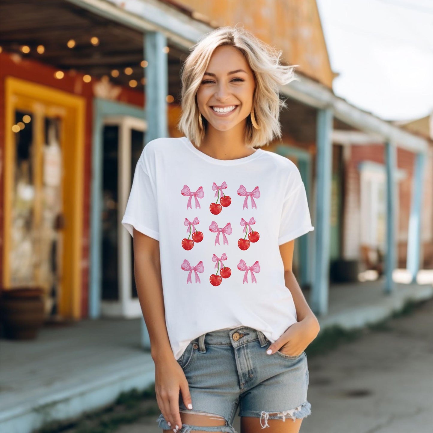 Bella Canvas T-Shirt White-Cherries & Bows
