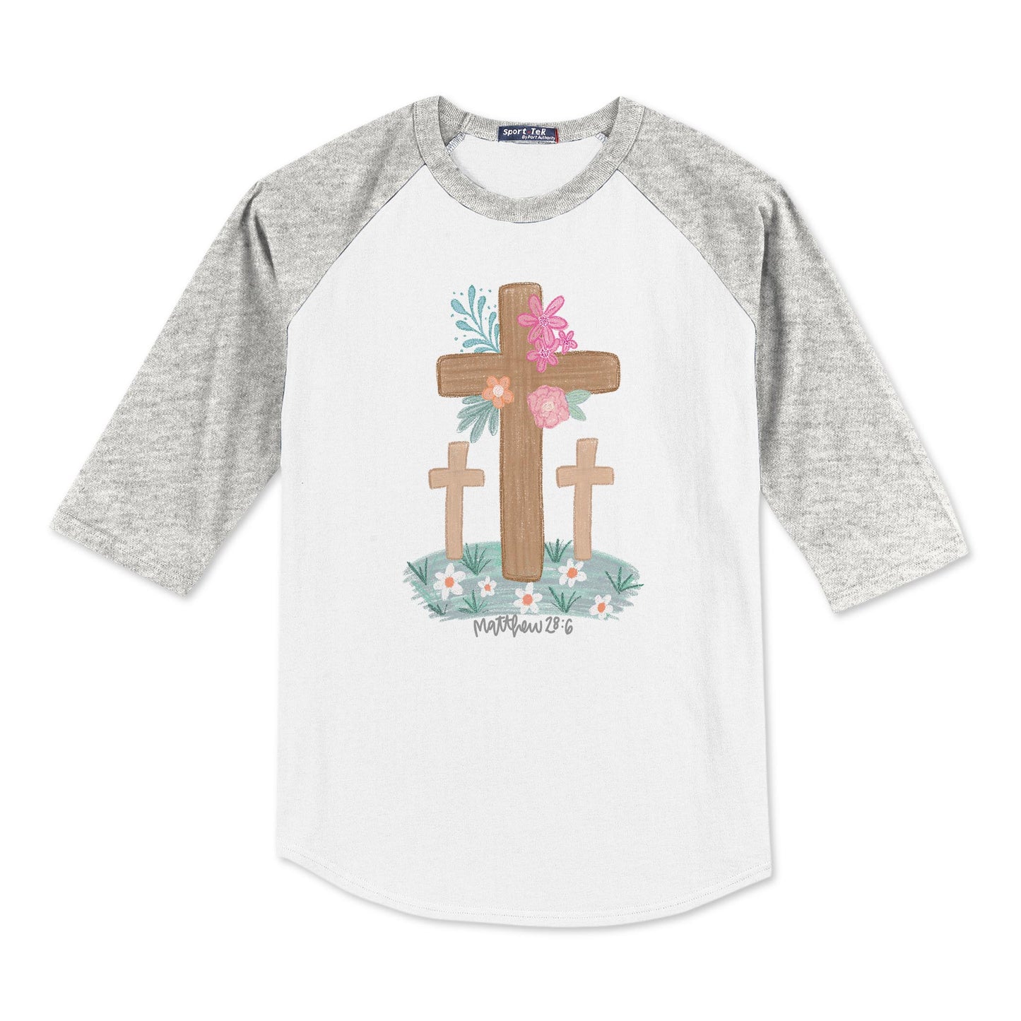 Sport-Tek® Youth Colorblock Raglan Grey/White-Floral Cross Matthew 28:6