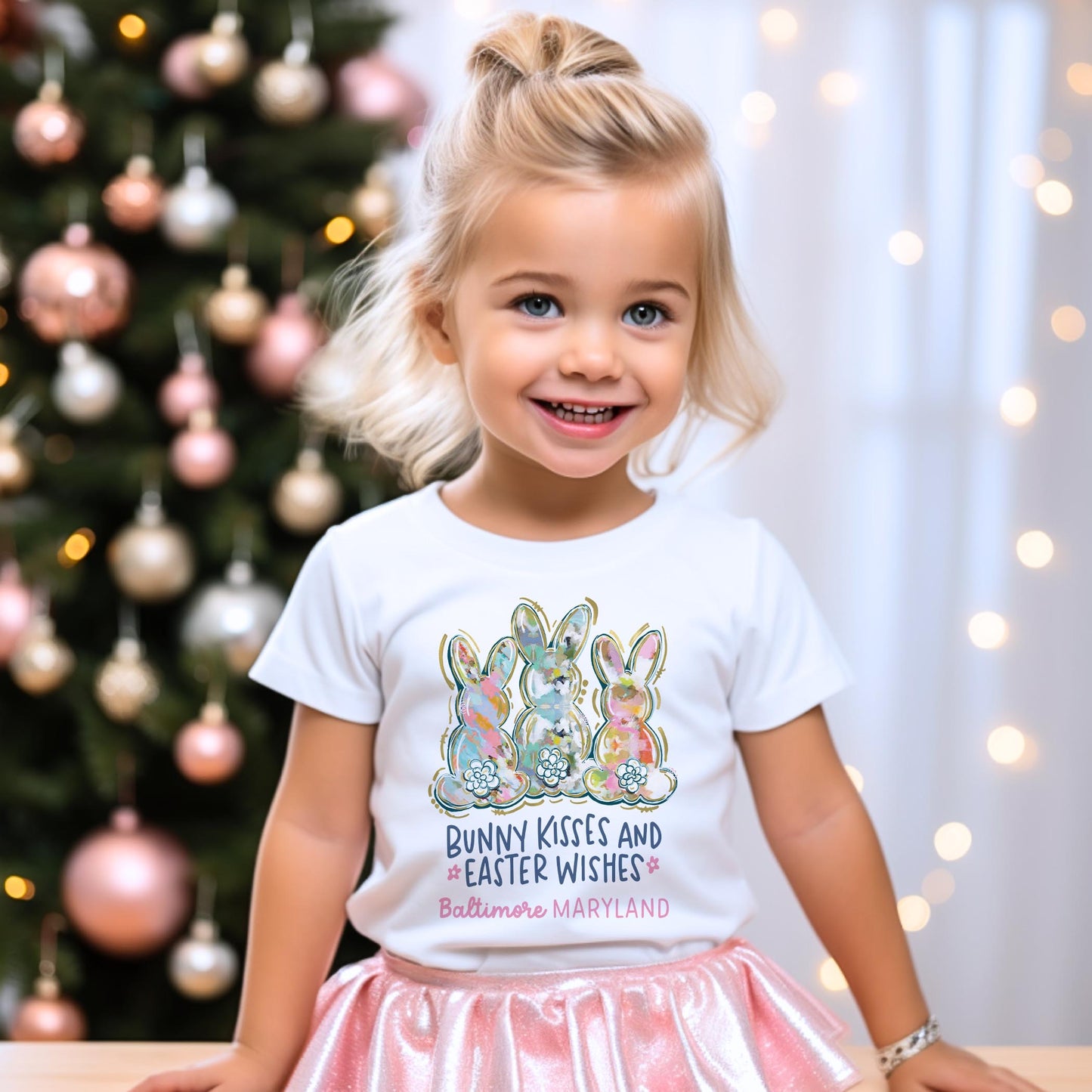 Bella Canvas Youth T-Shirt White-Love+Local Watercolor Easter Bunny Trio -3