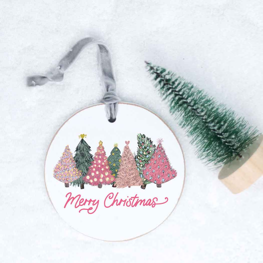 4" Round Ornament-Pink Trees Merry Christmas