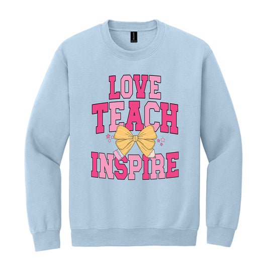 Gildan Sweatshirt Light Blue-Classroom Coquette Love Teach Inspire- Back to School