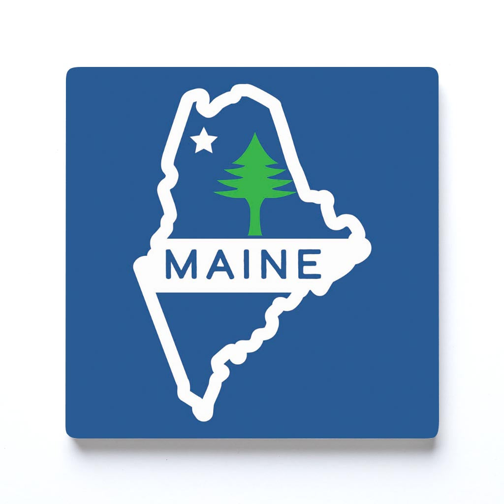 Maine State Shape with Tree and Star Flag