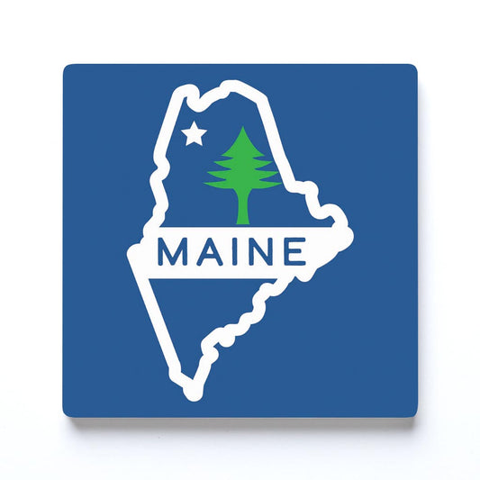 Maine State Shape with Tree and Star Flag