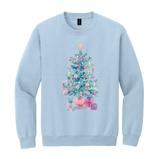 Gildan Sweatshirt Light Blue-Watercolor Sugar Plum Christmas Tree