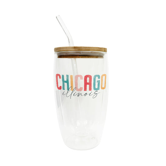 16oz Insulated Glass Tumbler Watercolor City Chicago IL