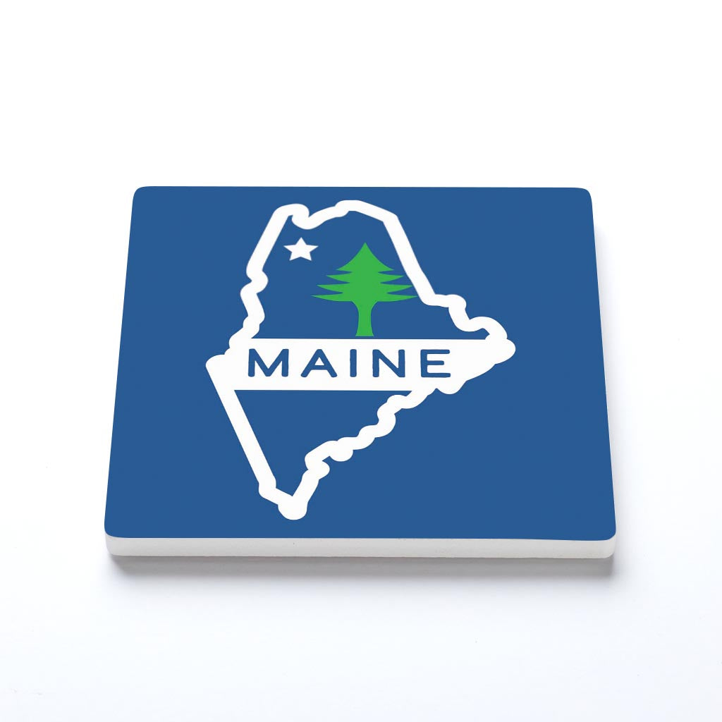 Maine State Shape with Tree and Star Flag
