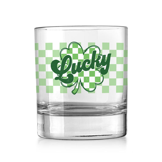 11oz Bourbon Glass-St. Patrick's Day Lucky Checker Shamrock -0