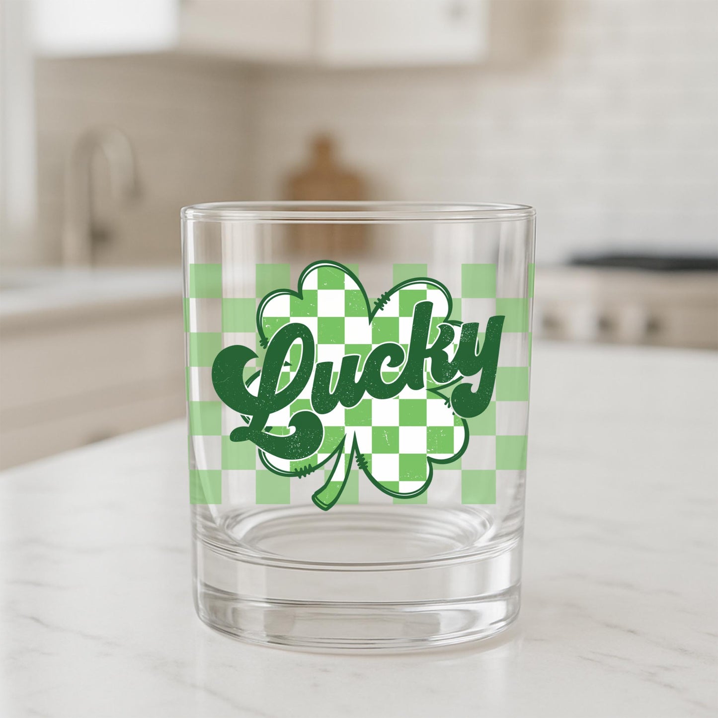 11oz Bourbon Glass-St. Patrick's Day Lucky Checker Shamrock -1