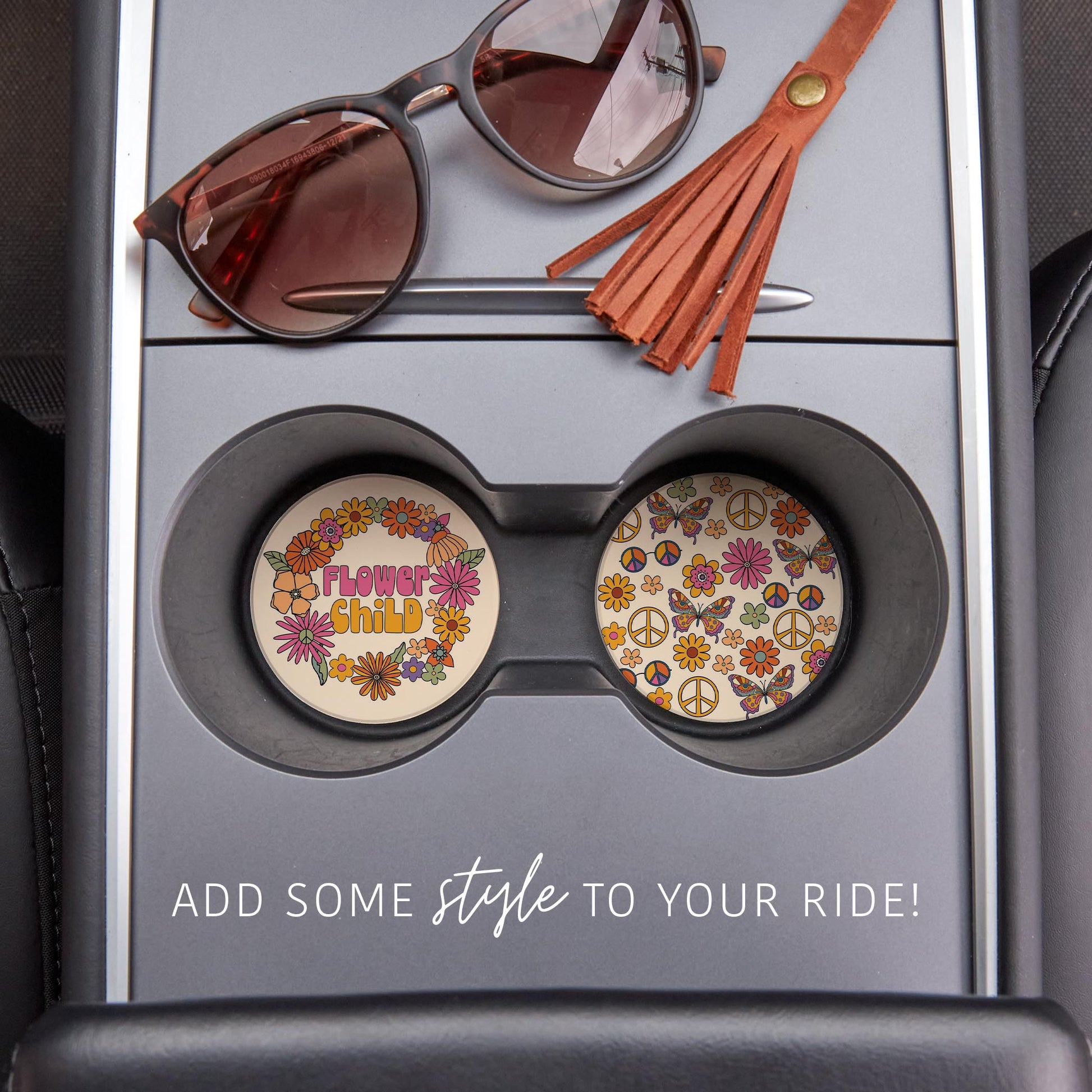 Car Coaster 2-Pack Kalia Lane-Bright Retro Flower Child & Icons -1