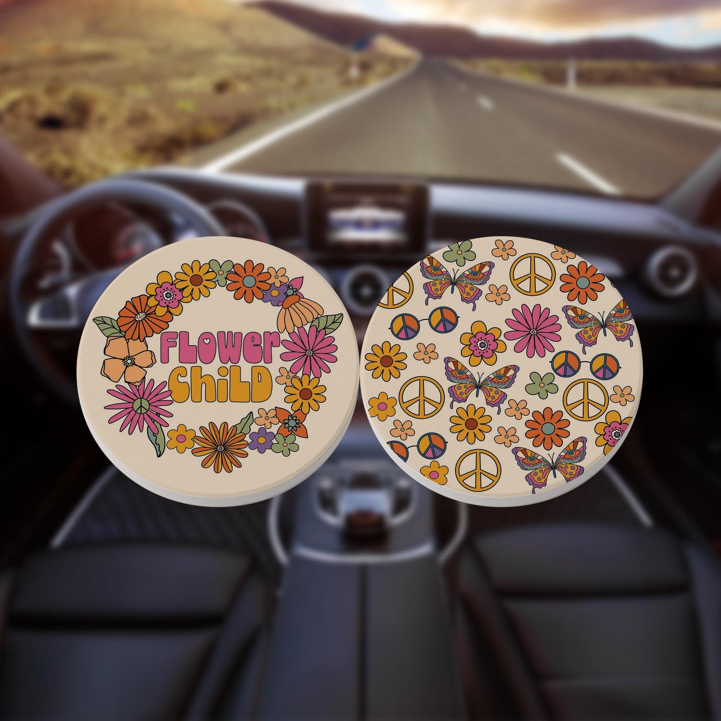 Car Coaster 2-Pack Kalia Lane-Bright Retro Flower Child & Icons -8