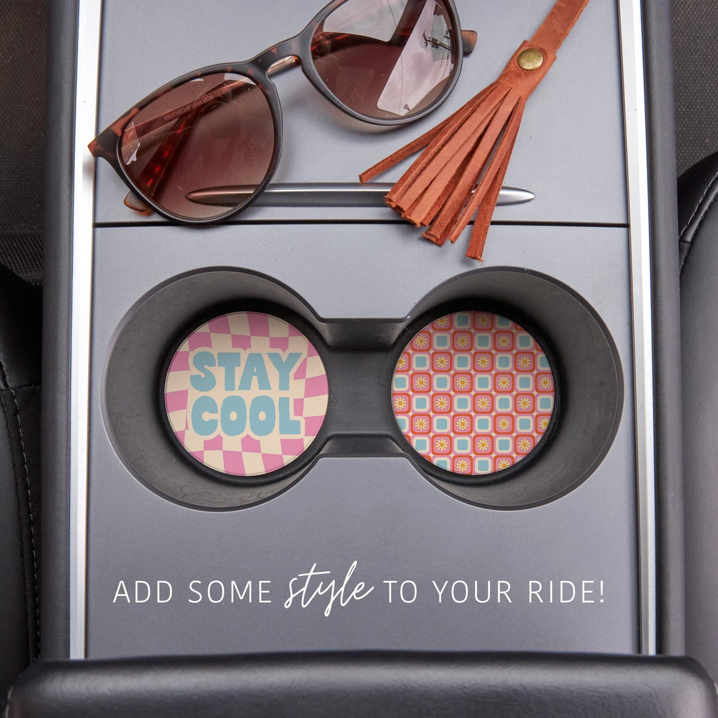 Car Coaster 2-Pack Kalia Lane-Bright Retro Stay Cool & Flower Checker -1