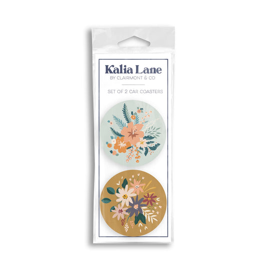 Car Coaster 2-Pack Kalia Lane-Vintage Florals Blue & Yellow -0