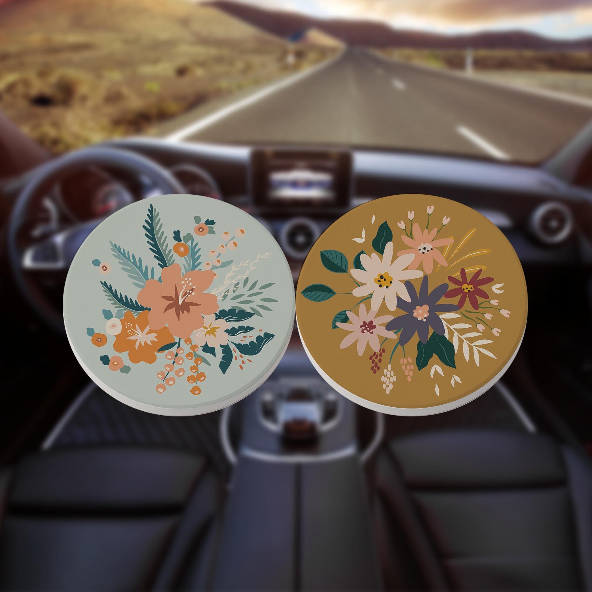 Car Coaster 2-Pack Kalia Lane-Vintage Florals Blue & Yellow -8