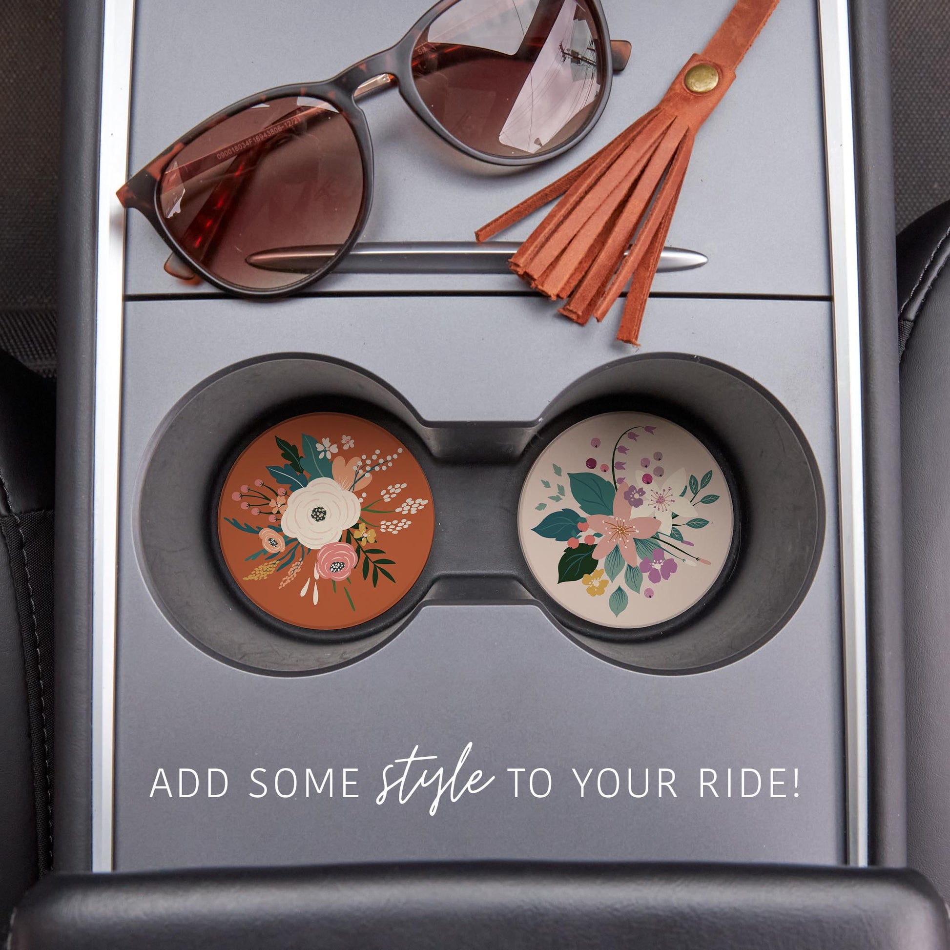 Car Coaster 2-Pack Kalia Lane-Vintage Florals Maroon & Tan -1