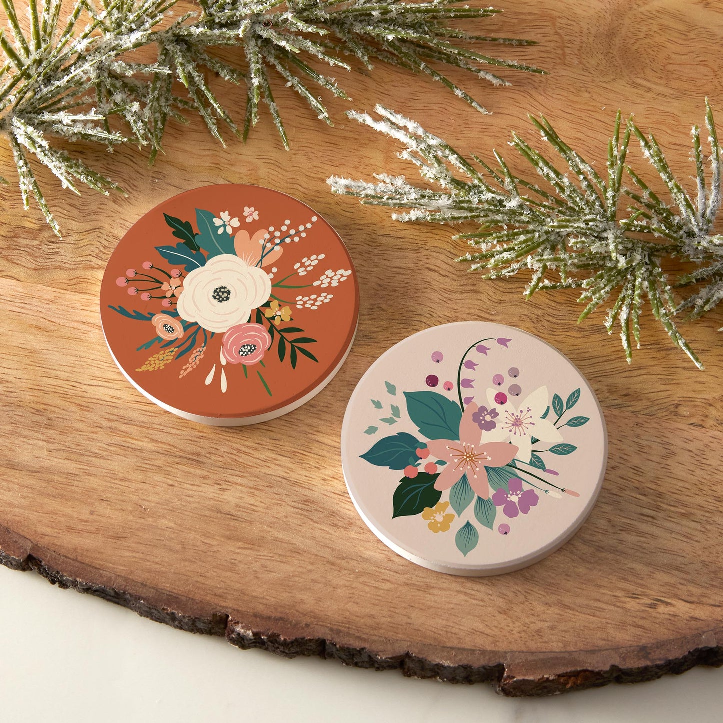 Car Coaster 2-Pack Kalia Lane-Vintage Florals Maroon & Tan -6