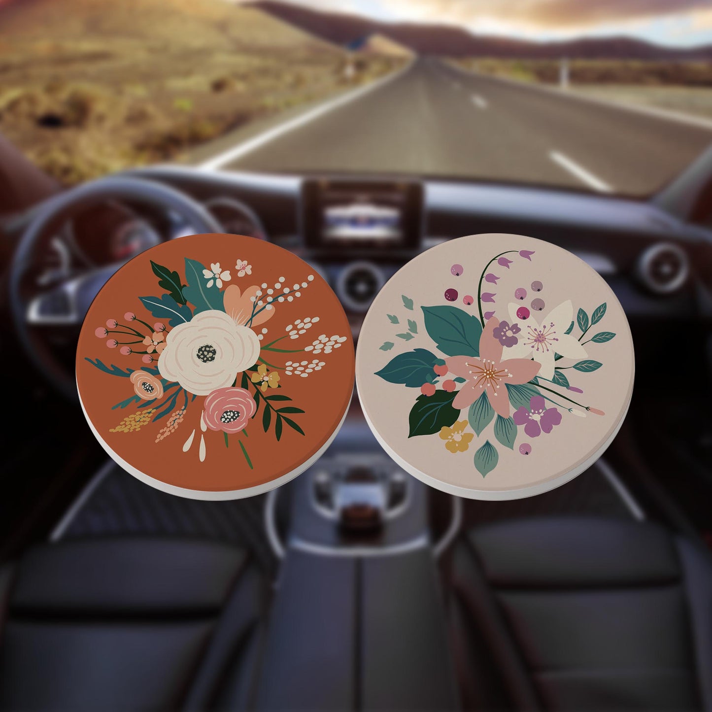Car Coaster 2-Pack Kalia Lane-Vintage Florals Maroon & Tan -8