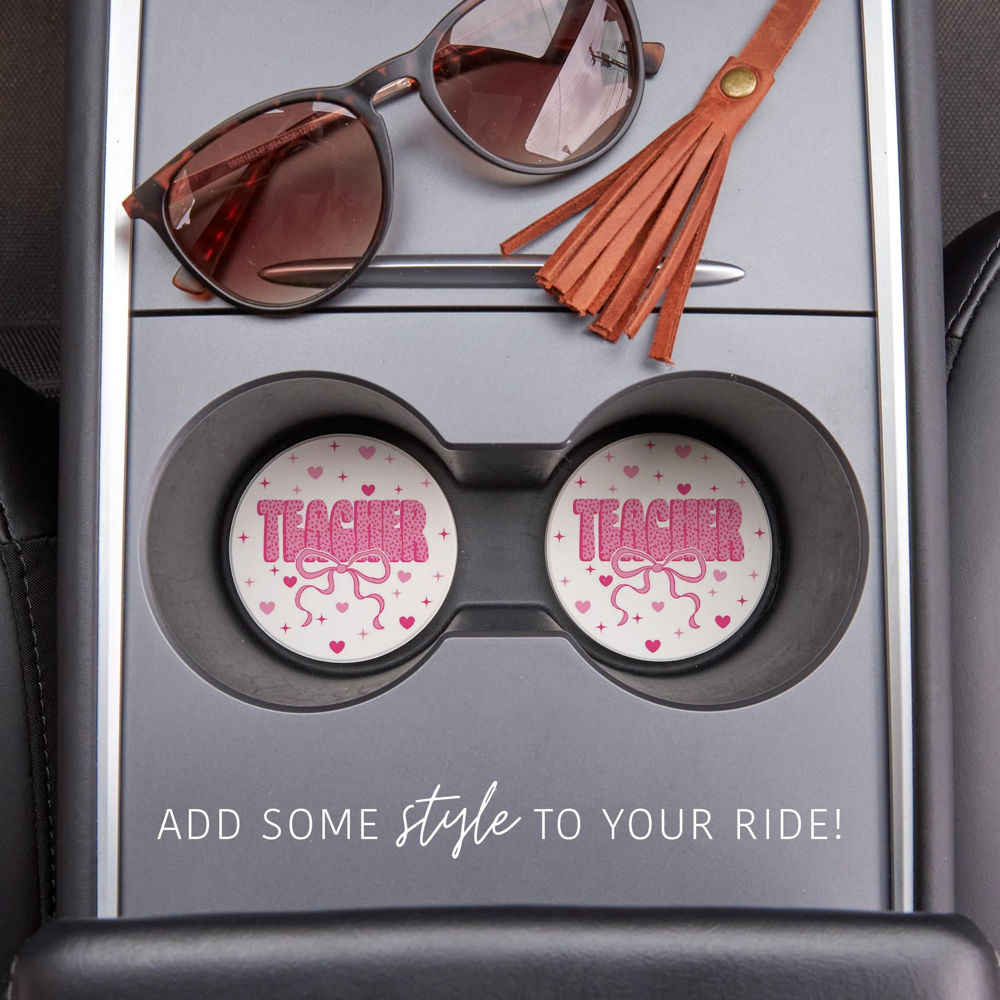 Car Coaster 2-Pack Kalia Lane-Classroom Coquette Teacher Hearts & Bow -1