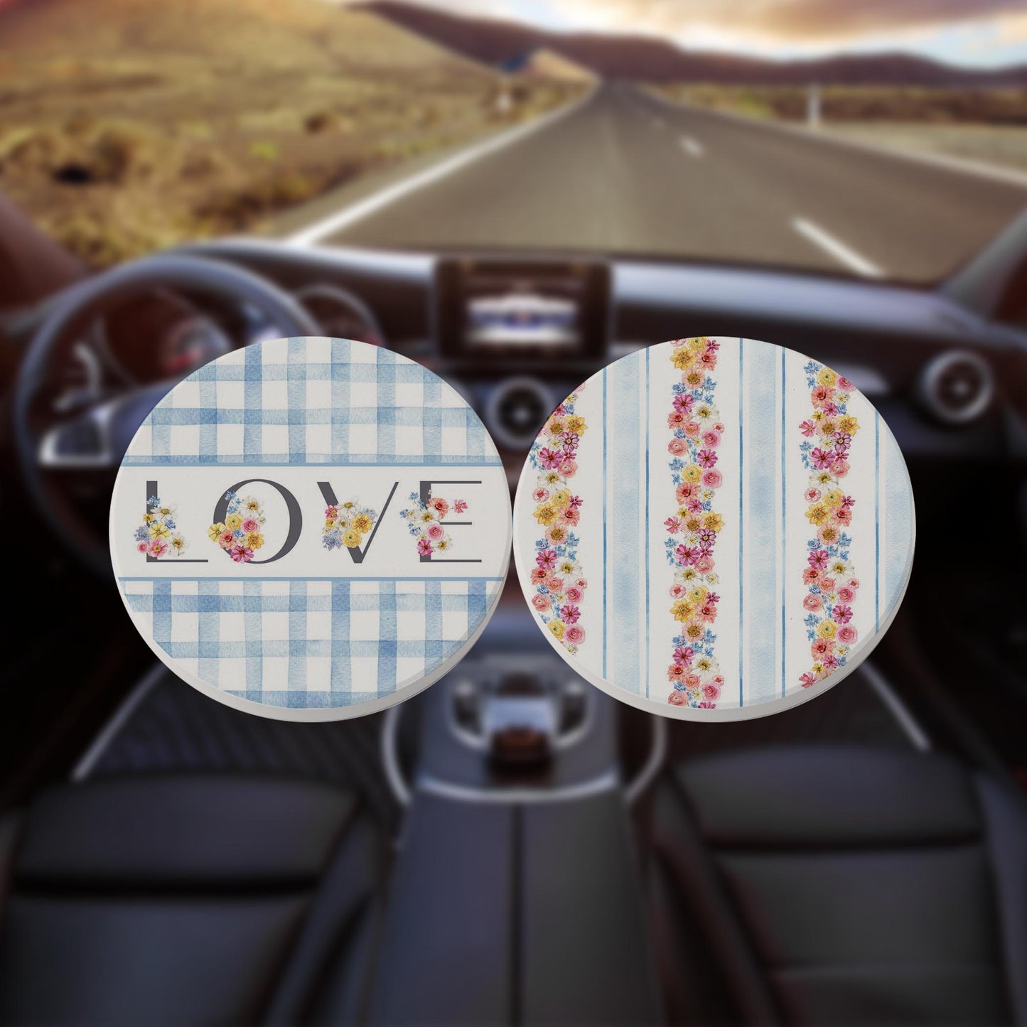 Car Coaster 2-Pack Kalia Lane-Fantasy Garden Love & Flower Stripes -8
