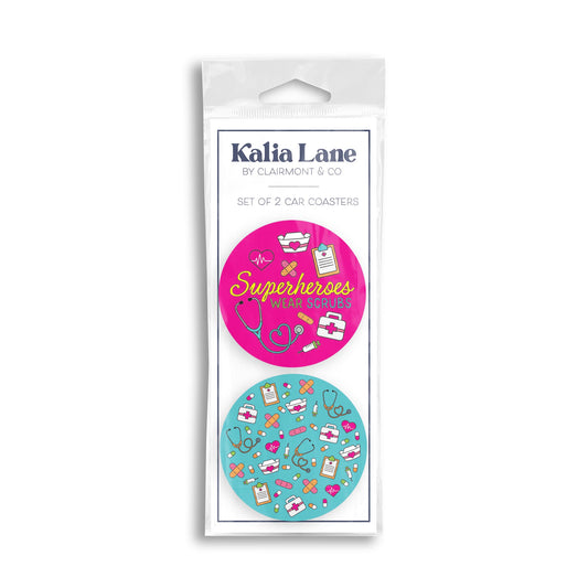 Car Coaster 2-Pack Kalia Lane-Bright Superheroes Wear Scrubs & Pattern