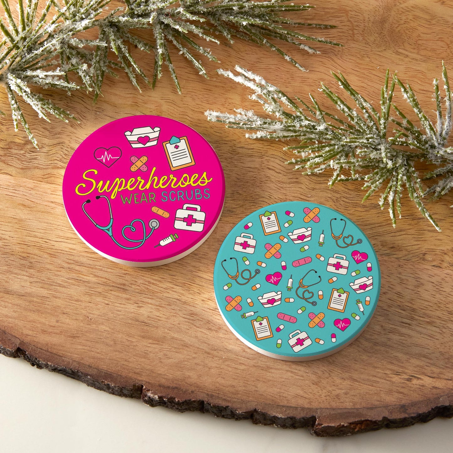 Car Coaster 2-Pack Kalia Lane-Bright Superheroes Wear Scrubs & Pattern