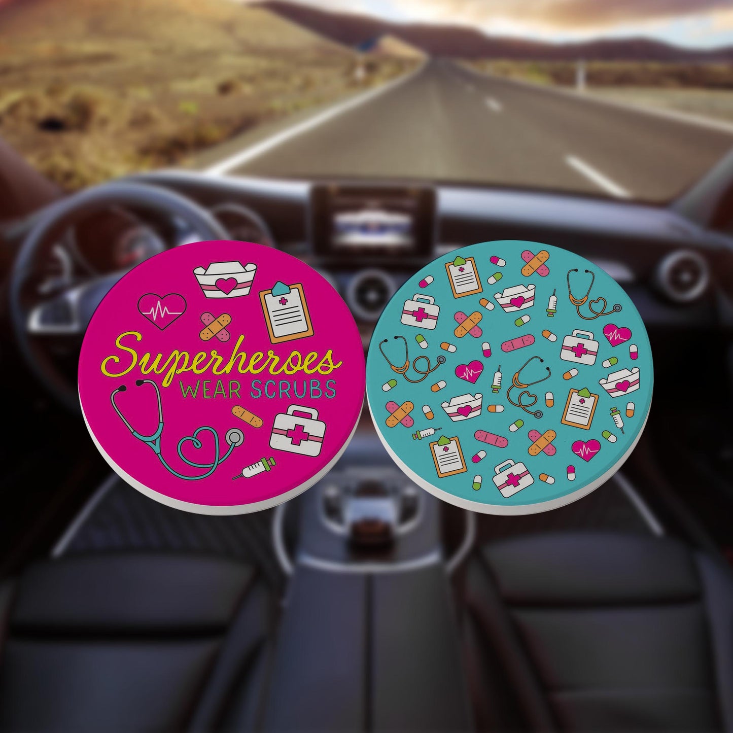 Car Coaster 2-Pack Kalia Lane-Bright Superheroes Wear Scrubs & Pattern