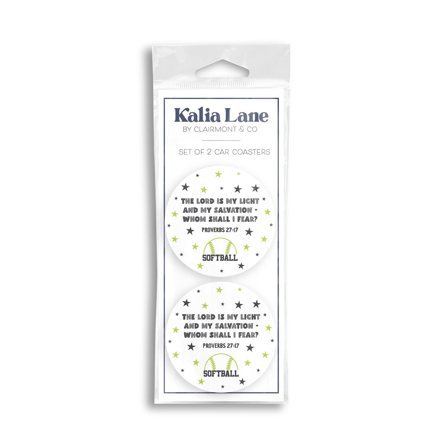 Car Coaster 2-Pack Kalia Lane-The Lord Is My Light Softball Green & Black