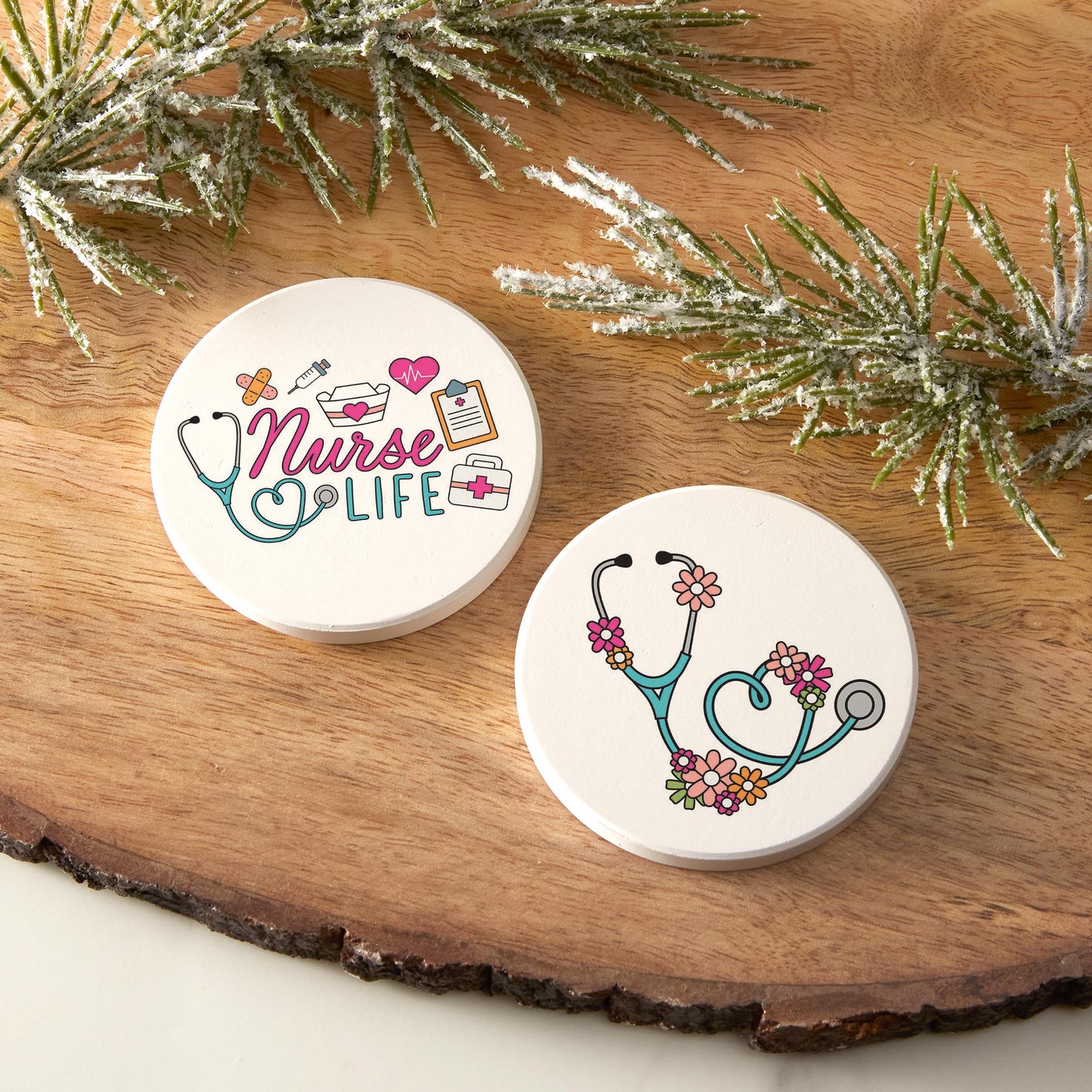 Car Coaster 2-Pack Kalia Lane-Nurse Life & Floral Stethoscope