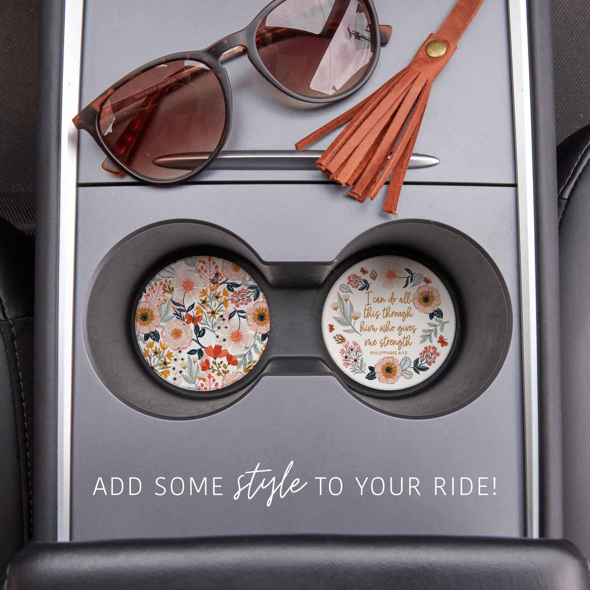 Car Coaster 2-Pack Kalia Lane-Pretty Things Floral Faith Strength & Pattern -1