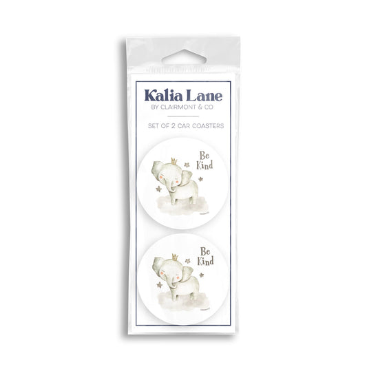 Car Coaster 2-Pack Kalia Lane-Be Kind Elephant White Background