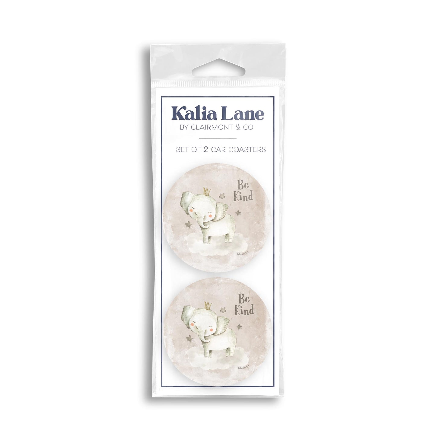 Car Coaster 2-Pack Kalia Lane-Be Kind Elephant Painted Background