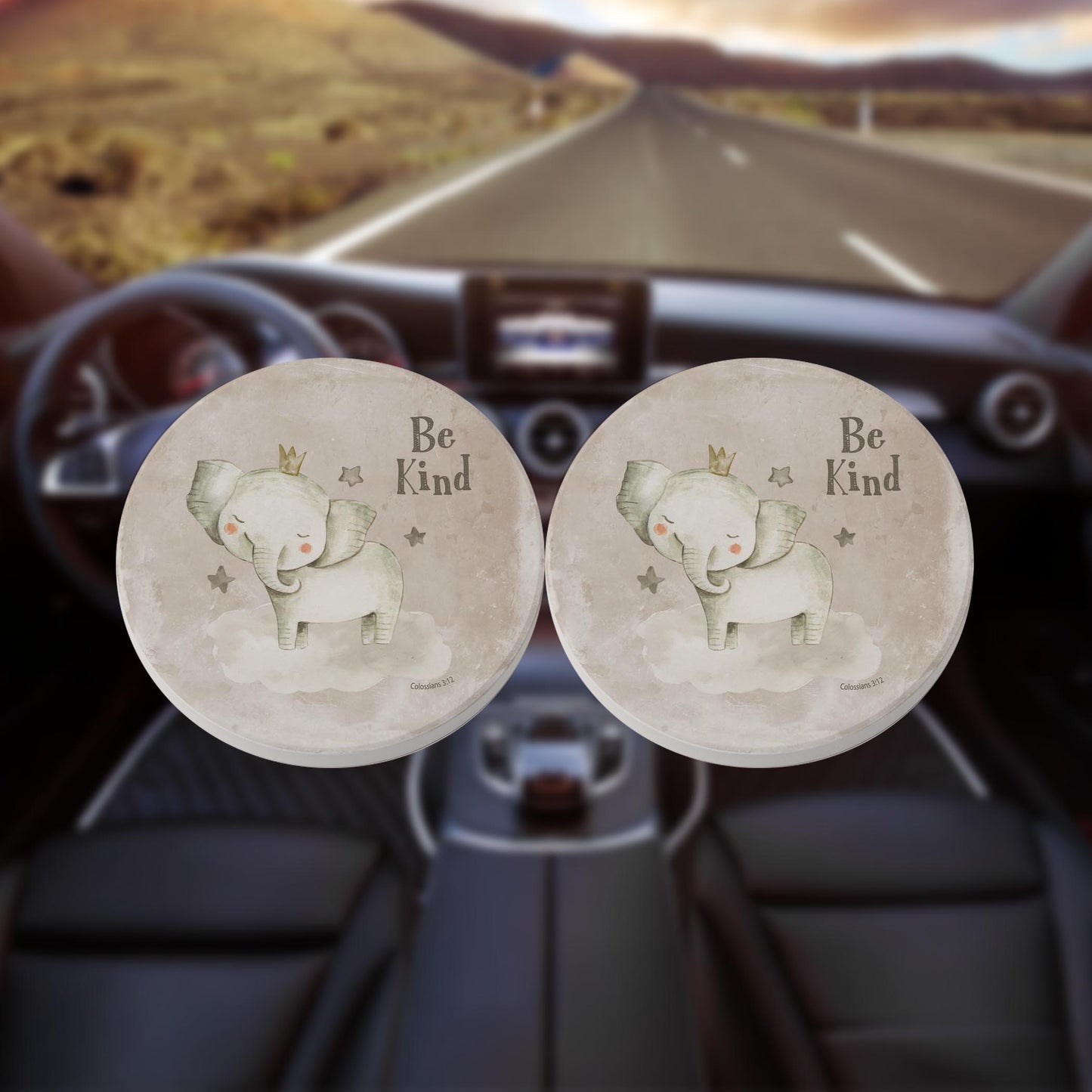 Car Coaster 2-Pack Kalia Lane-Be Kind Elephant Painted Background