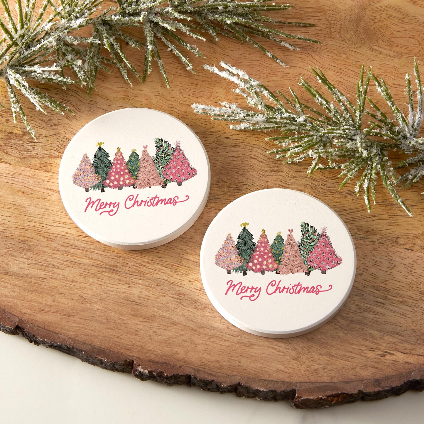 Car Coaster 2-Pack Kalia Lane-Pink Trees Merry Christmas